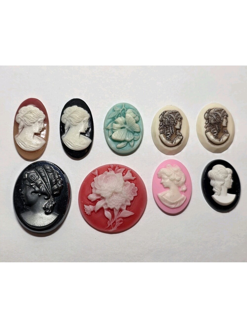 Lot of 9 Vintage Style Resin Cameo Cabochons Floral Lady Butterfly Mixed EUC